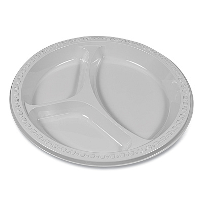 Tablemate Plastic Dinnerware, 3-Compartment Plates, 9" dia, White, 125/Pack (TBL19644WH)