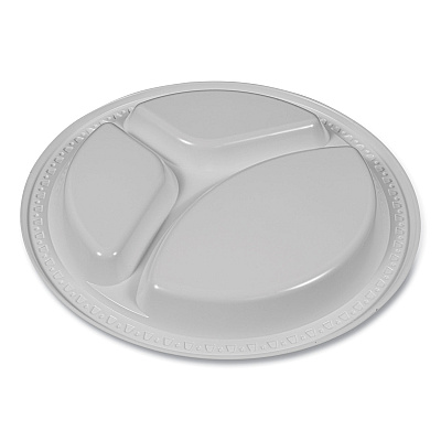 Tablemate Plastic Dinnerware, 3-Compartment Plates, 9" dia, White, 125/Pack (TBL19644WH)