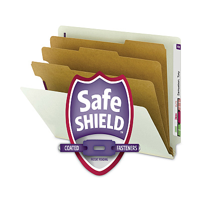 Smead End Tab Pressboard Classification Folders, Eight SafeSHIELD Fasteners, 3" Expansion, 3 Dividers, Legal Size, Gray-Green,10/BX (SMD29820)