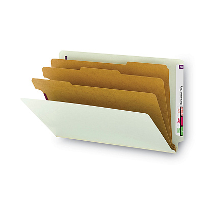 Smead End Tab Pressboard Classification Folders, Eight SafeSHIELD Fasteners, 3" Expansion, 3 Dividers, Legal Size, Gray-Green,10/BX (SMD29820)
