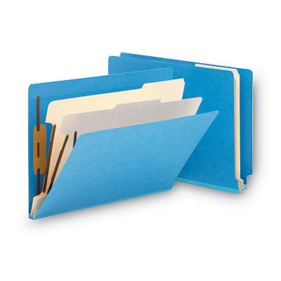 Smead Colored End Tab Classification Folders with Dividers, 2" Expansion, 2 Dividers, 6 Fasteners, Letter Size, Blue, 10/Box (SMD26836)