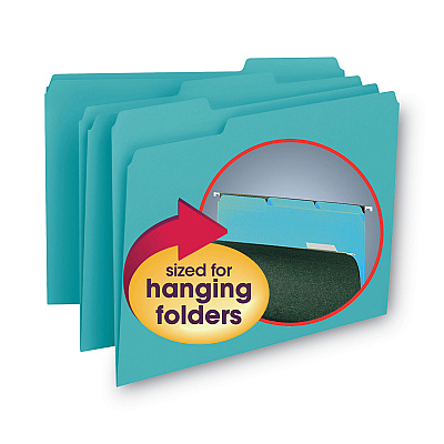 Smead Interior File Folders, 1/3-Cut Tabs: Assorted, Letter Size, 0.75" Expansion, Aqua, 100/Box (SMD10235)