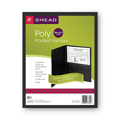 Smead Poly Two-Pocket Folder with Snap Closure Security Pocket, 100-Sheet Capacity, 11 x 8.5, Black, 5/Pack (SMD87700)