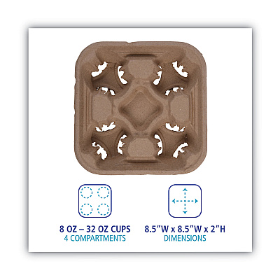 Boardwalk Cup Carrier Tray, 8 oz to 32 oz, Four Cups, Kraft, 300/Carton (BWK4CUPCARRIER)