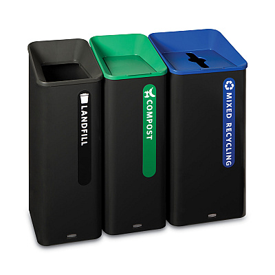 Rubbermaid Commercial Sustain Decorative Refuse with Recycling Lid, 23 gal, Metal/Plastic, Black/Blue (RCP2078980)
