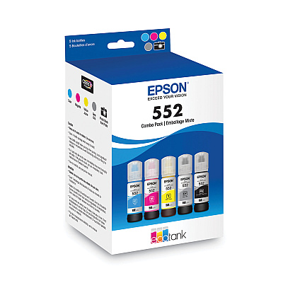 Epson T552920S (T552) Claria High-Yield Ink, 70 mL, Black/Cyan/Gray/Magenta/Yellow, 5/Pack