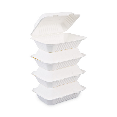 Boardwalk Bagasse Food Containers, Hinged-Lid, 1-Compartment 9 x 6 x 3.19, White, Sugarcane, 125/Sleeve, 2 Sleeves/Carton (BWKHINGEWFHG1C9)