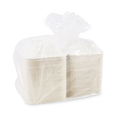 Boardwalk Bagasse Food Containers, Hinged-Lid, 1-Compartment 6 x 6 x 3.19, White, Sugarcane, 125/Sleeve, 4 Sleeves/Carton (BWKHINGEWF1CM6)