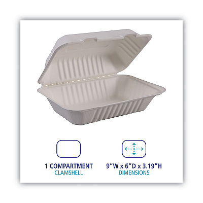 Boardwalk Bagasse Food Containers, Hinged-Lid, 1-Compartment 9 x 6 x 3.19, White, Sugarcane, 125/Sleeve, 2 Sleeves/Carton (BWKHINGEWFHG1C9)