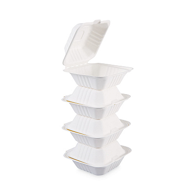 Boardwalk Bagasse Food Containers, Hinged-Lid, 1-Compartment 6 x 6 x 3.19, White, Sugarcane, 125/Sleeve, 4 Sleeves/Carton (BWKHINGEWF1CM6)