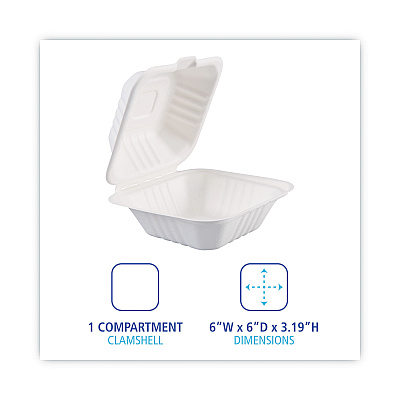 Boardwalk Bagasse Food Containers, Hinged-Lid, 1-Compartment 6 x 6 x 3.19, White, Sugarcane, 125/Sleeve, 4 Sleeves/Carton (BWKHINGEWF1CM6)