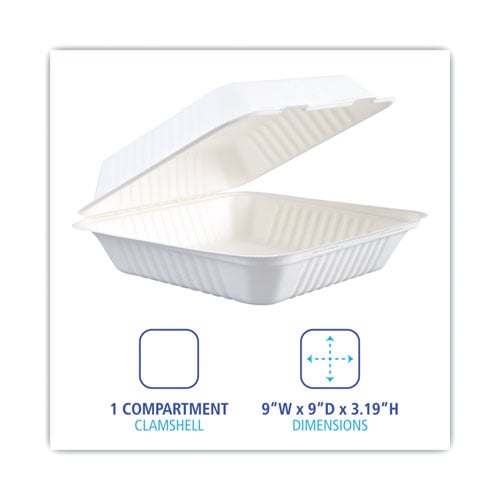 Boardwalk Bagasse Food Containers, Hinged-Lid, 1-Compartment 9 x 9 x 3.19, White, 100/Sleeve, 2 Sleeves/Carton (HINGEWF1CM9)