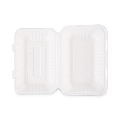 Boardwalk Bagasse Food Containers, Hinged-Lid, 1-Compartment 9 x 6 x 3.19, White, Sugarcane, 125/Sleeve, 2 Sleeves/Carton (BWKHINGEWFHG1C9)