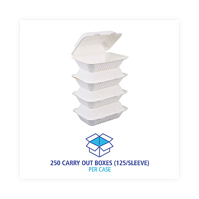 Boardwalk Bagasse Food Containers, Hinged-Lid, 1-Compartment 9 x 6 x 3.19, White, Sugarcane, 125/Sleeve, 2 Sleeves/Carton (BWKHINGEWFHG1C9)