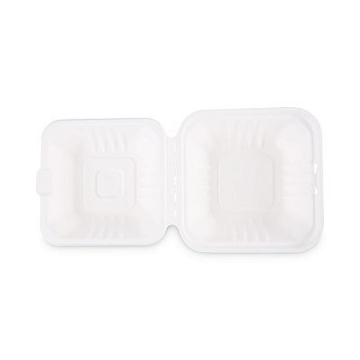 Boardwalk Bagasse Food Containers, Hinged-Lid, 1-Compartment 6 x 6 x 3.19, White, Sugarcane, 125/Sleeve, 4 Sleeves/Carton (BWKHINGEWF1CM6)