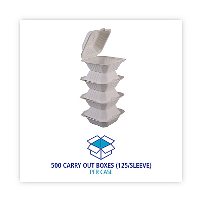 Boardwalk Bagasse Food Containers, Hinged-Lid, 1-Compartment 6 x 6 x 3.19, White, Sugarcane, 125/Sleeve, 4 Sleeves/Carton (BWKHINGEWF1CM6)