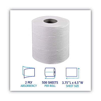 Boardwalk 2-Ply Toilet Tissue, Septic Safe, White, 156.25 ft Roll Length, 500 Sheets/Roll, 96 Rolls/Carton (BWK6150)