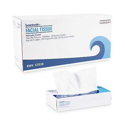 Boardwalk Office Packs Facial Tissue, 2-Ply, White, Flat Box, 100 Sheets/Box, 30 Boxes/Carton (BWK6500B)