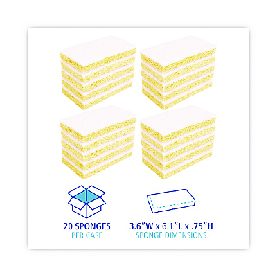 Boardwalk Scrubbing Sponge, Light Duty, 3.6 x 6.1, 0.7" Thick, Yellow/White, Individually Wrapped, 20/Carton (BWK16320)