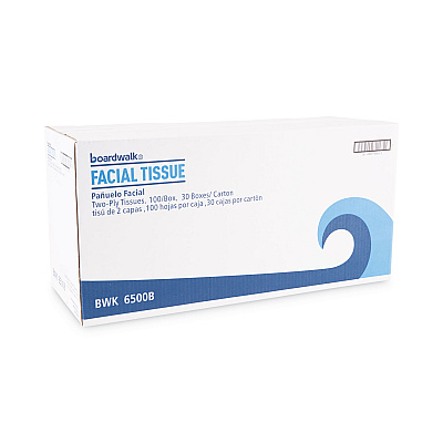 Boardwalk Office Packs Facial Tissue, 2-Ply, White, Flat Box, 100 Sheets/Box, 30 Boxes/Carton (BWK6500B)