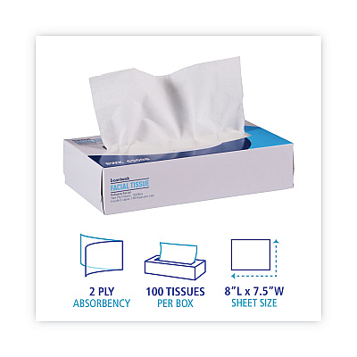 Boardwalk Office Packs Facial Tissue, 2-Ply, White, Flat Box, 100 Sheets/Box, 30 Boxes/Carton (BWK6500B)