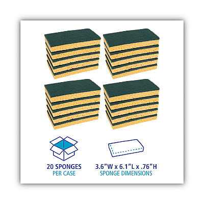 Boardwalk Scrubbing Sponge, Medium Duty, 3.6 x 6.1, 0.75" Thick, Yellow/Green, Individually Wrapped, 20/Carton (BWK174)