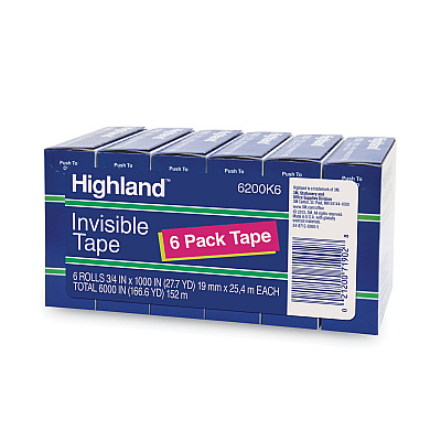 Highland Invisible Permanent Mending Tape, 1" Core, 0.75" x 83.33 ft, Clear, 6/Pack (MMM6200K6)