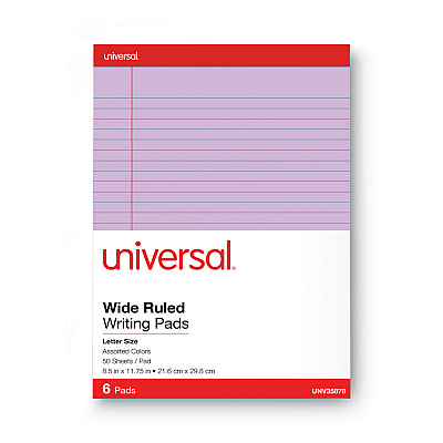Universal Colored Perforated Ruled Writing Pads, Wide/Legal Rule, 50 Assorted Color 8.5 x 11.75 Sheets, 6/Pack (UNV35878)
