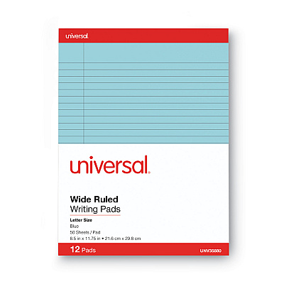 Universal Colored Perforated Ruled Writing Pads, Wide/Legal Rule, 50 Blue 8.5 x 11 Sheets, Dozen (UNV35880)