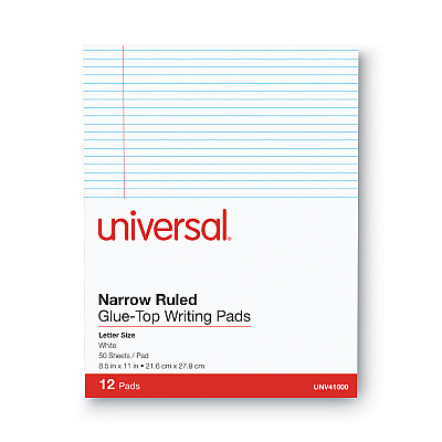 Universal Glue Top Pads, Narrow Rule, 50 White 8.5 x 11 Sheets, Dozen (UNV41000)