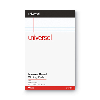 Universal Premium Ruled Writing Pads with Heavy-Duty Back, Narrow Rule, Black Headband, 50 White 5 x 8 Sheets, 6/Pack (UNV56300)
