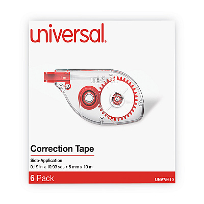 Universal Side-Application Correction Tape, Transparent Red Applicator, 0.2" x 393", 6/Pack (UNV75610)
