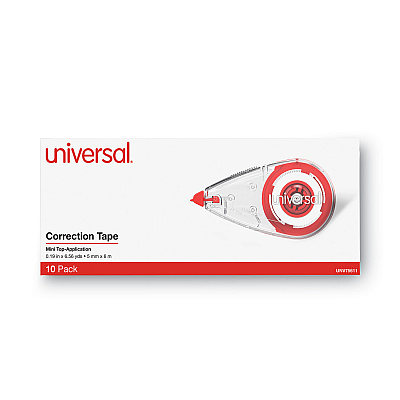 Universal Correction Tape, Mini Economy, Non-Refillable, Clear/Red Applicator, 0.25" x 275", 10/Pack (UNV75611)