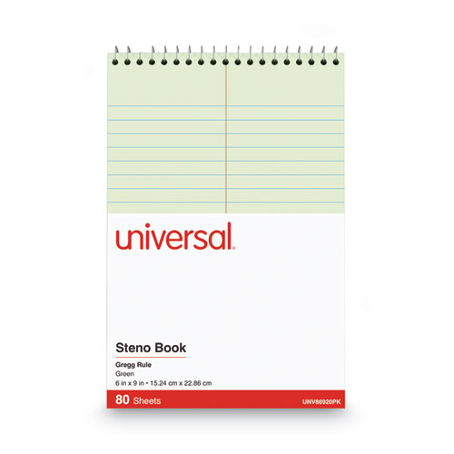 Universal Steno Pads, Gregg Rule, Red Cover, 80 Green-Tint 6 x 9 Sheets, 6/Pack (86920PK)