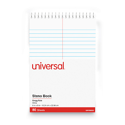 Universal Steno Pads, Gregg Rule, Red Cover, 80 White 6 x 9 Sheets (UNV96920)