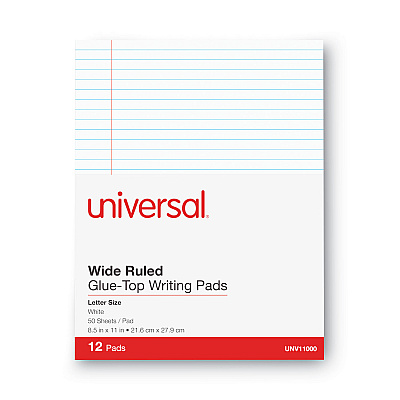 Universal Glue Top Pads, Wide/Legal Rule, 50 White 8.5 x 11 Sheets, Dozen (UNV11000)