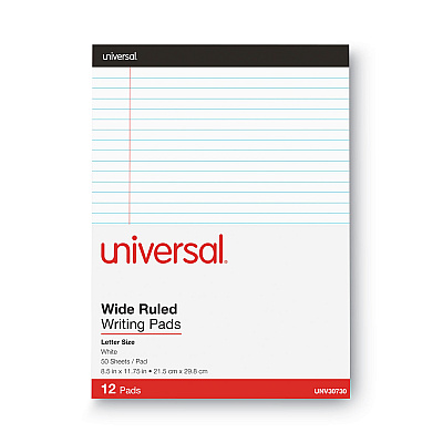Universal Premium Ruled Writing Pads with Heavy-Duty Back, Wide/Legal Rule, Black Headband, 50 White 8.5 x 11 Sheets, 12/Pack (UNV30730)