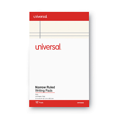 Universal Colored Perforated Ruled Writing Pads, Narrow Rule, 50 Ivory 5 x 8 Sheets, Dozen (UNV35852)