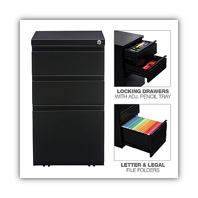 Alera File Pedestal with Full-Length Pull, Left or Right, 3-Drawers: Box/Box/File, Legal/Letter, Black, 14.96" x 19.29" x 27.75" (ALEPBBBFBL)