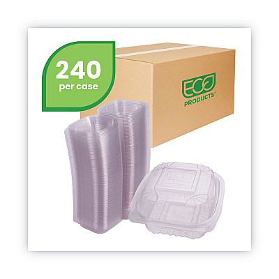 Eco-Products Renewable and Compostable Clear Clamshell Hinged Food Containers, 6 x 6 x 3, Plastic, 80/Pack, 3 Packs/Carton (ECOEPLC6)