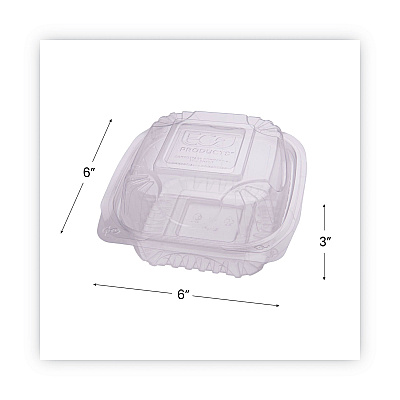 Eco-Products Renewable and Compostable Clear Clamshell Hinged Food Containers, 6 x 6 x 3, Plastic, 80/Pack, 3 Packs/Carton (ECOEPLC6)