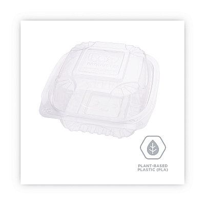 Eco-Products Renewable and Compostable Clear Clamshell Hinged Food Containers, 6 x 6 x 3, Plastic, 80/Pack, 3 Packs/Carton (ECOEPLC6)