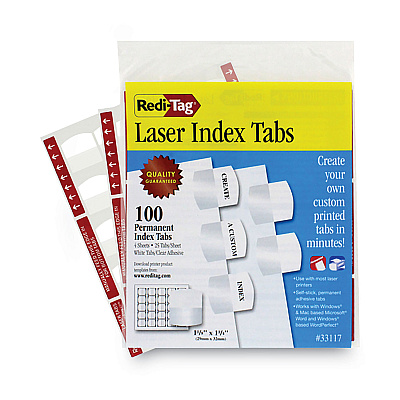 Redi-Tag Laser Printable Index Tabs, 1/5-Cut, White, 1.13" Wide, 100/Pack (RTG33117)