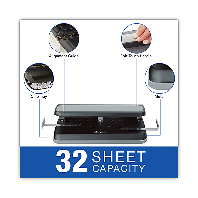 Swingline 32-Sheet Easy Touch Two- to Three-Hole Punch with Cintamatic Centering, 9/32" Holes, Black/Gray (SWI74300)