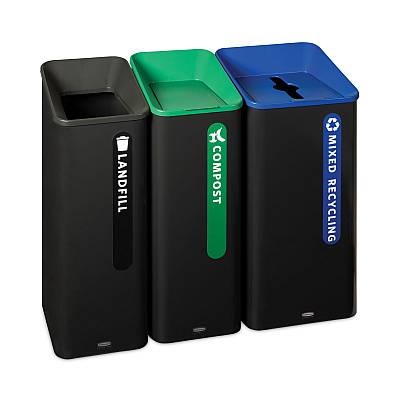 Rubbermaid Commercial Sustain Decorative Refuse with Recycling Lid, 15 gal, Metal/Plastic, Black/Green (RCP2078991)