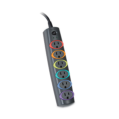 Kensington SmartSockets Color-Coded Strip Surge Protector, 6 AC Outlets, 6 ft Cord, 670 J, Black (KMW62146)