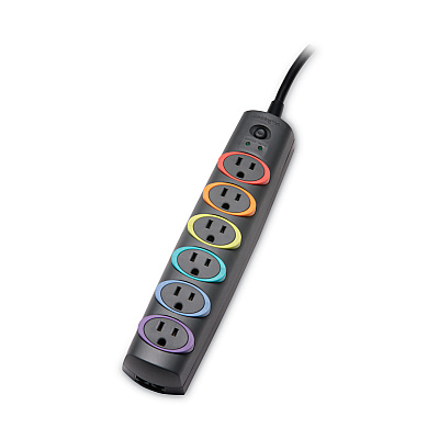 Kensington SmartSockets Color-Coded Strip Surge Protector, 6 AC Outlets, 8 ft Cord, 1,260 J, Black (KMW62144)