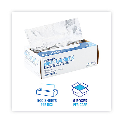Boardwalk Standard Aluminum Foil Pop-Up Sheets, 63 Gauge, 9 x 10.75, 500 Sheets/Box, 6 Boxes/Carton (BWK7162)