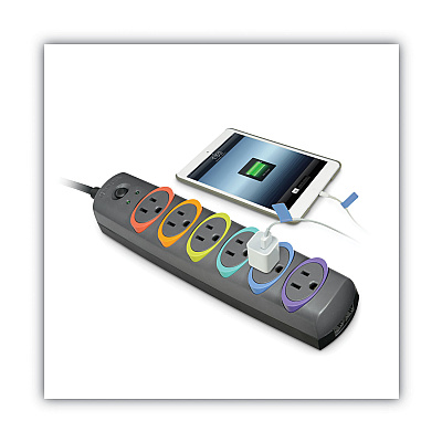 Kensington SmartSockets Color-Coded Strip Surge Protector, 6 AC Outlets, 6 ft Cord, 670 J, Black (KMW62146)