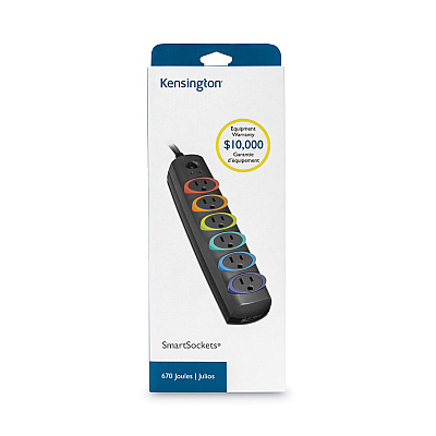 Kensington SmartSockets Color-Coded Strip Surge Protector, 6 AC Outlets, 6 ft Cord, 670 J, Black (KMW62146)